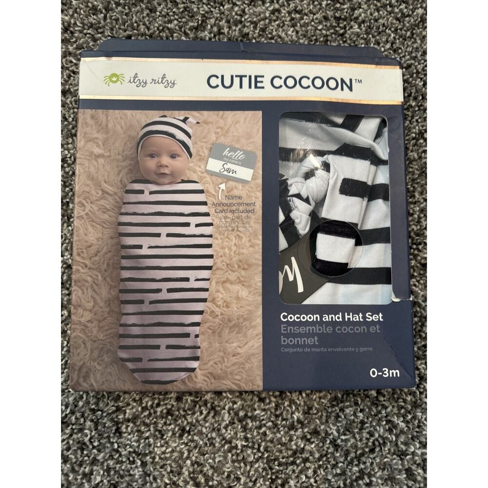 Itzy Ritzy NEW Cutie Cocoon Swaddle & Hat Set Black White Striped 0-3 Months